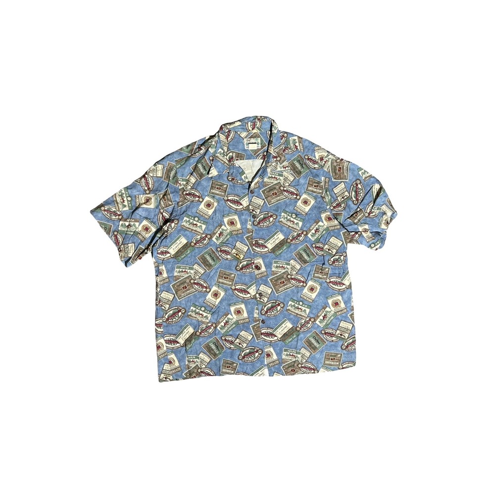 Reyn Spooner Mens XL Blue Wine Label Print Rayon Short Sleeve Button Down Shirt
